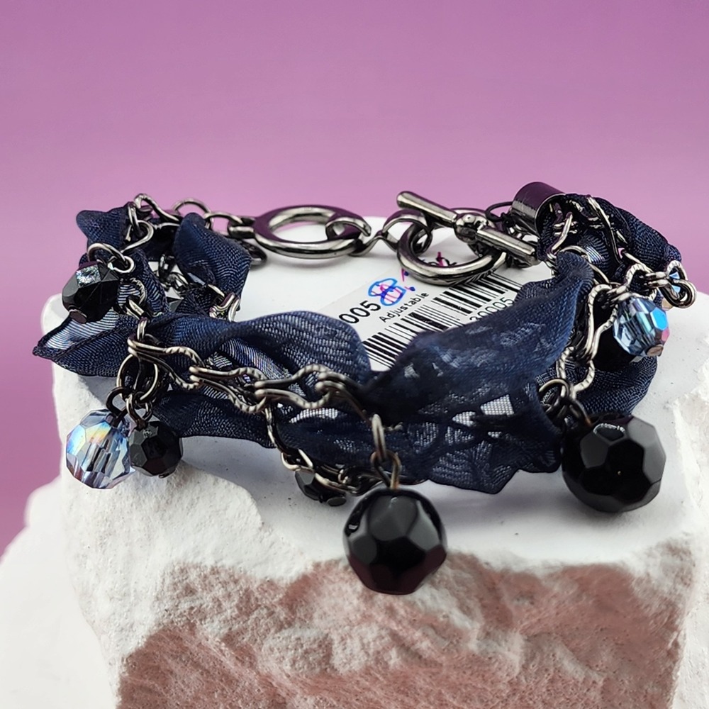 Cookie Lee Navy Ribbon Black Crystal Bead Chain Bracelet Adjustable Goth Glam